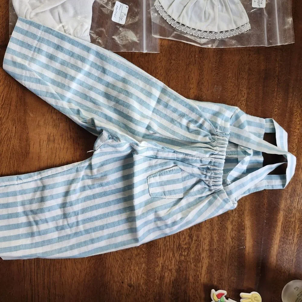 Vintage Style Doll Clothes Lot Blue Striped Romper White Panties Apron Socks